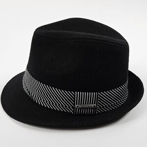 Nathaniel Cole Crowncap Black Warm Wool Fedora with Striped Band Large Hat